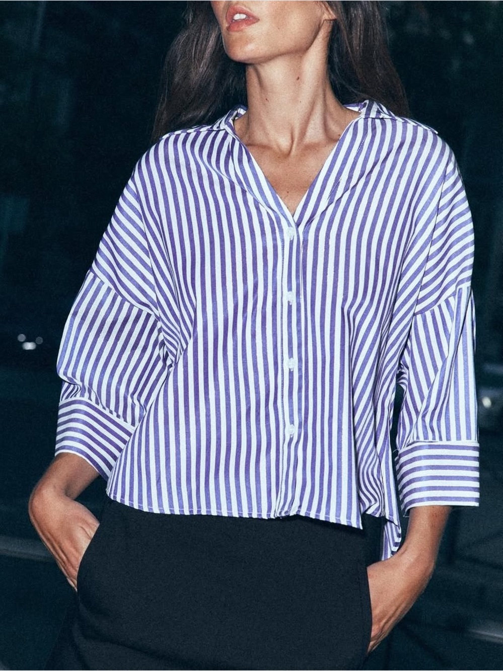 NEW Zara Wide Sleeve Johnny Collar Striped Top Button Up Oversized